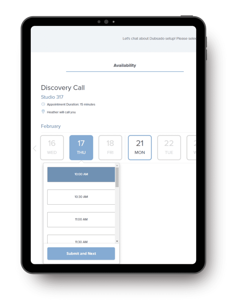 Example of the appointment scheduler in Dubsado