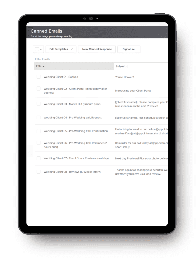 Example of wedding photographer canned email templates in Dubsado