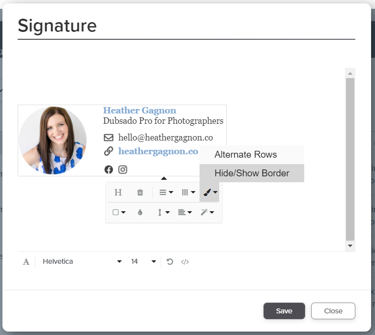 Removing table lines from an email signature in Dubsado