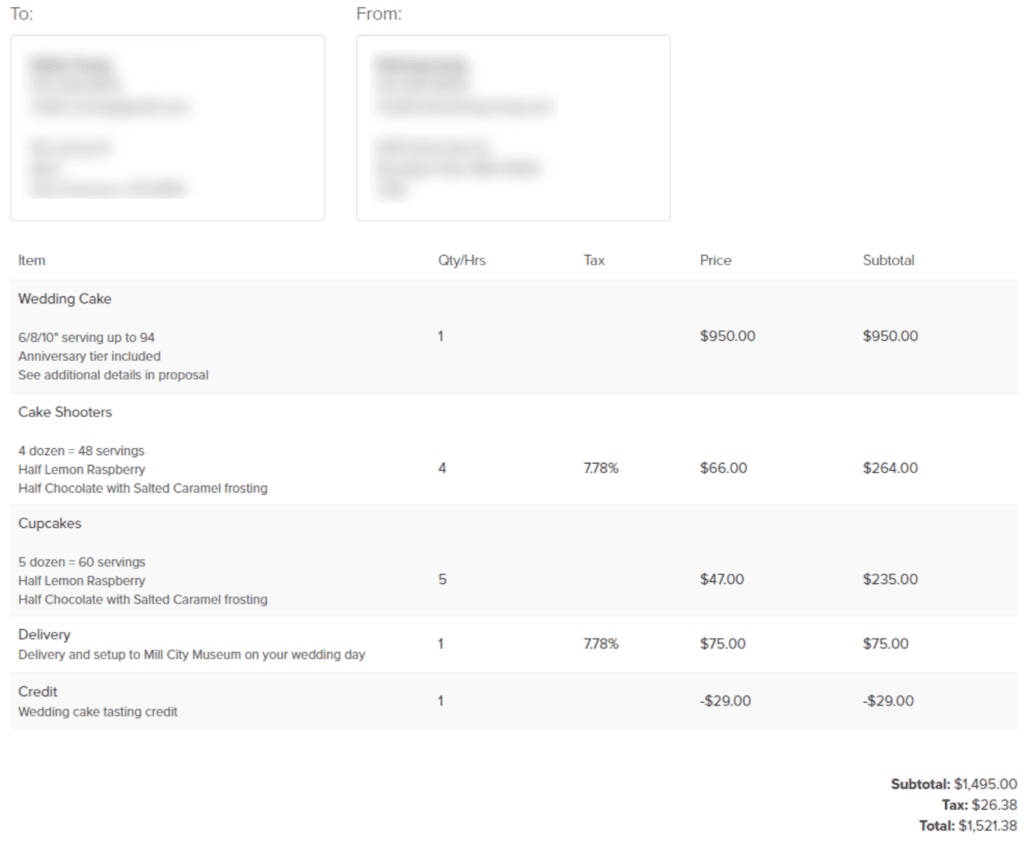 Example custom quote invoice in Dubsado for Wedding Cake Designer