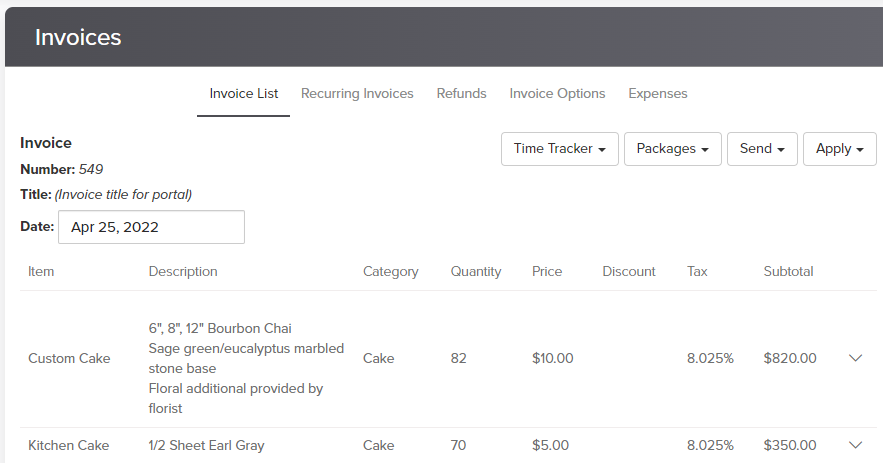 Example custom quote invoice in Dubsado for Wedding Cake Designer