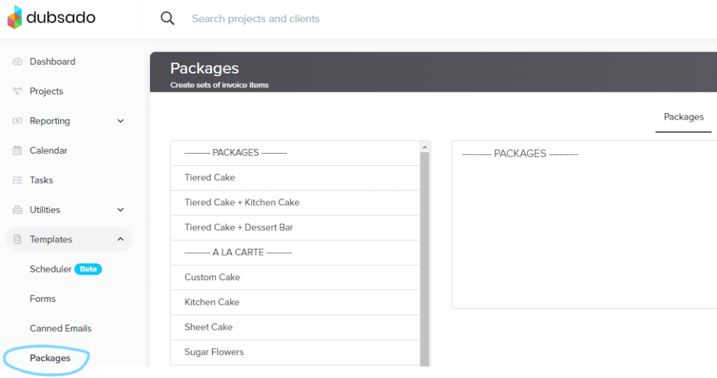 Example Package in Dubsado for Cake Designer