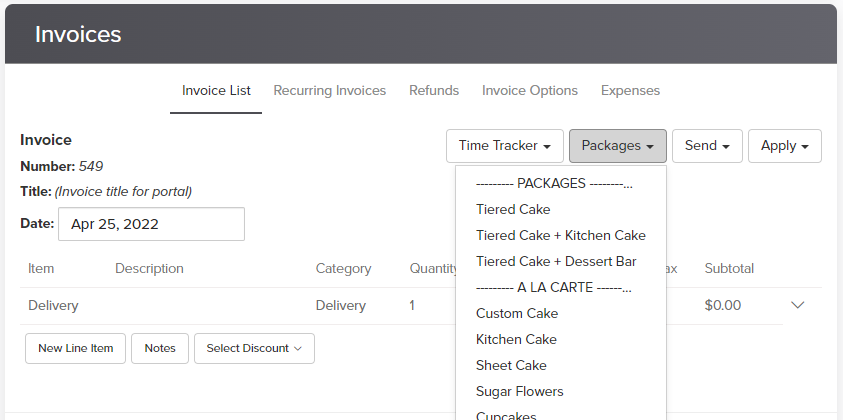 Add package to invoice in Dubsado to send custom quote