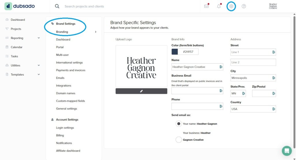 Where to find brand settings in Dubsado