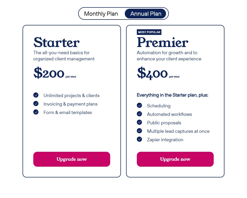 Dubsado pricing for Starter and Premier plans with annual payments