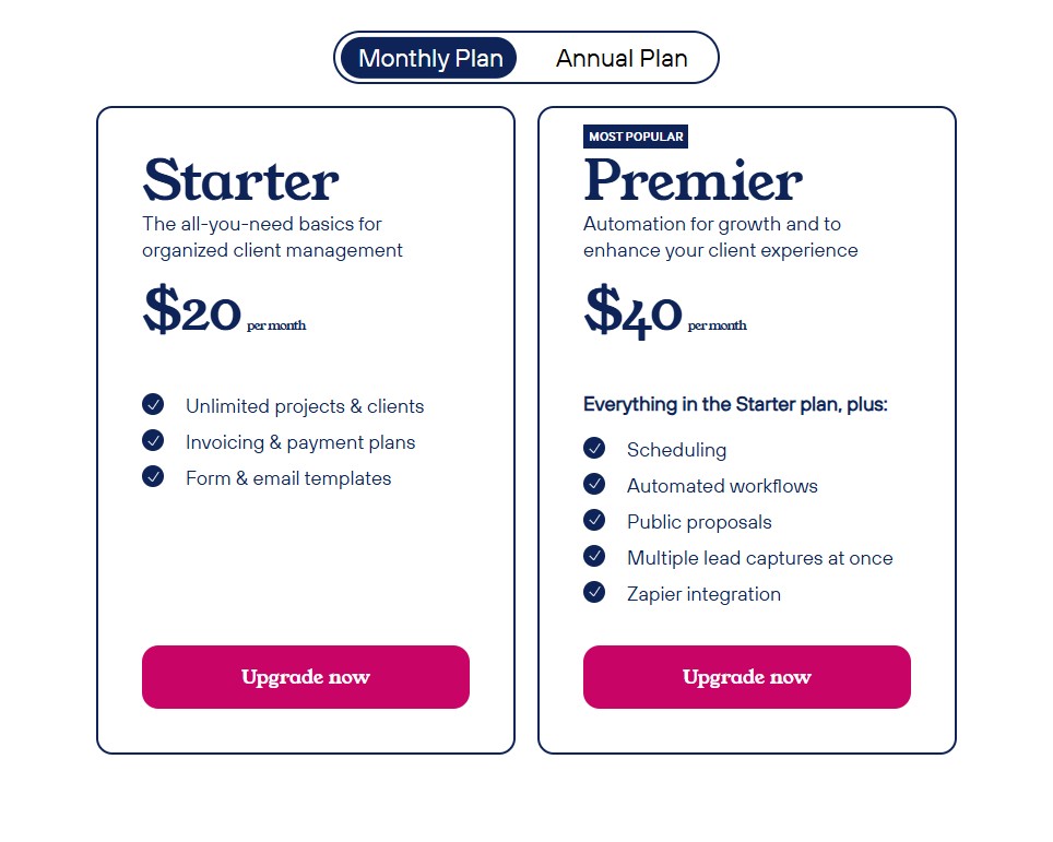 Dubsado pricing for Starter and Premier plans with monthly payments