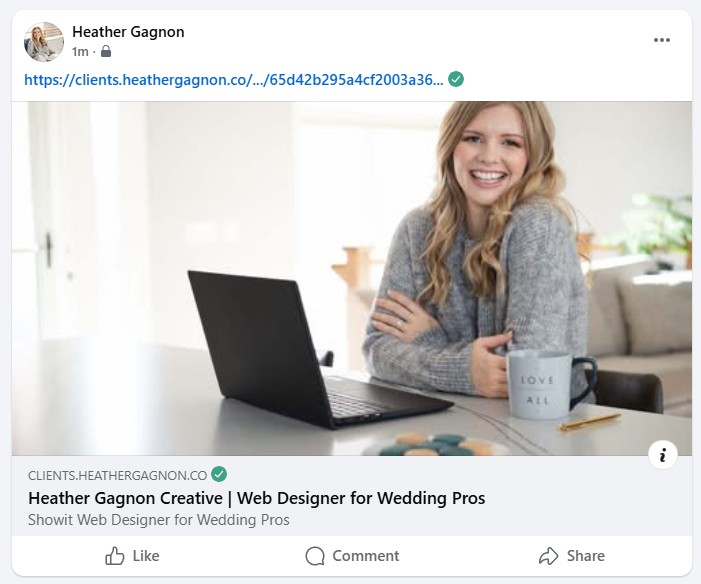 Example of sharing a Dubsado link on Facebook after you white label in the domain names settings