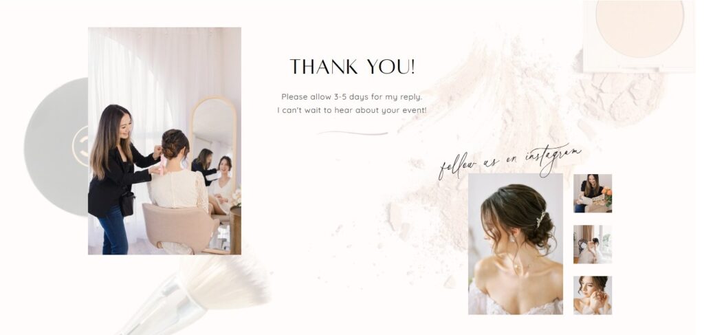 Hair and makeup artist website thank you page example