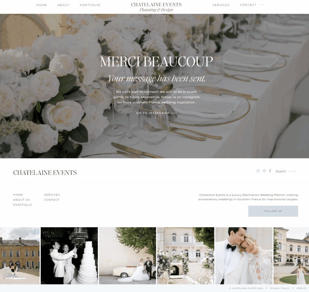 Wedding planner website thank you page example