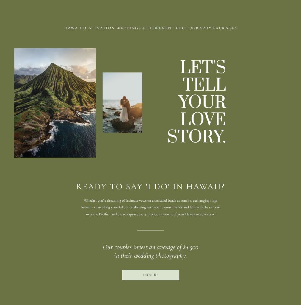 Wedding photographer website example of sharing the average pricing investment.