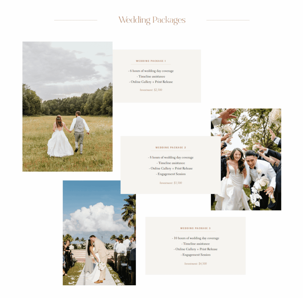 Wedding package pricing on a photography website.
