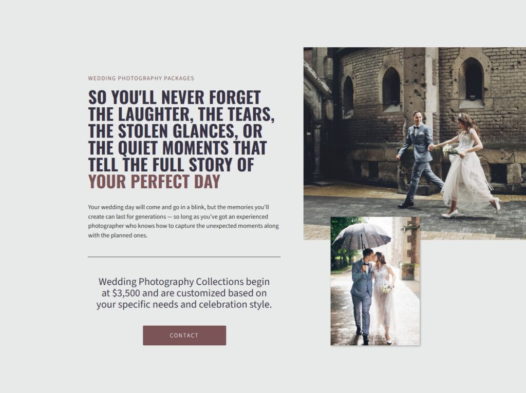 Wedding photographer website example of listing starting pricing on your website.