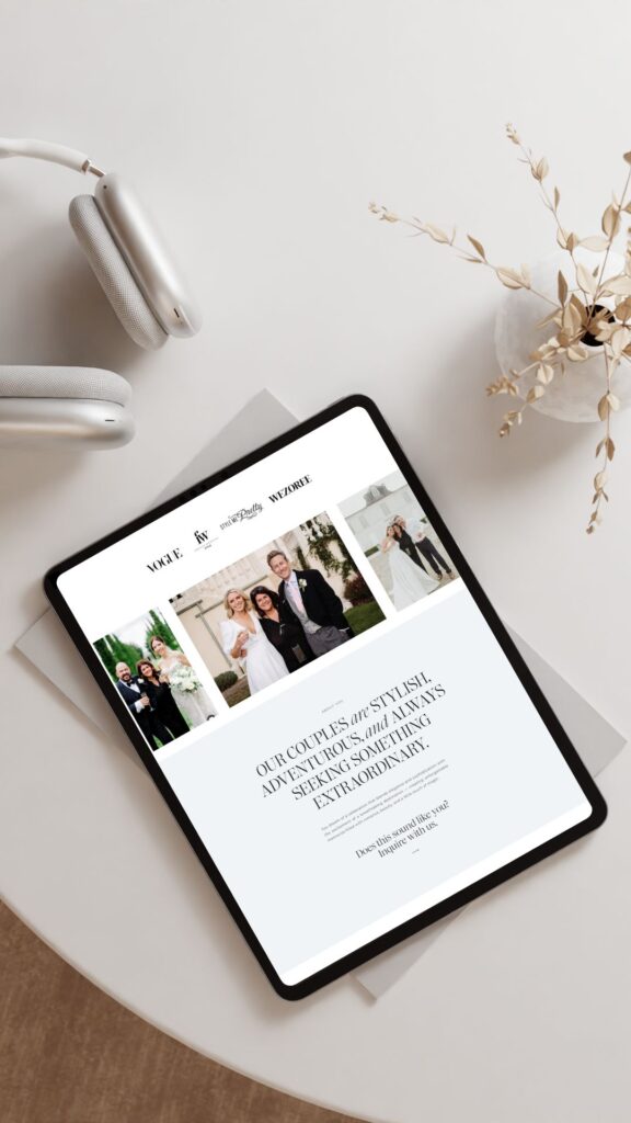 Tablet screen showing a wedding planner website