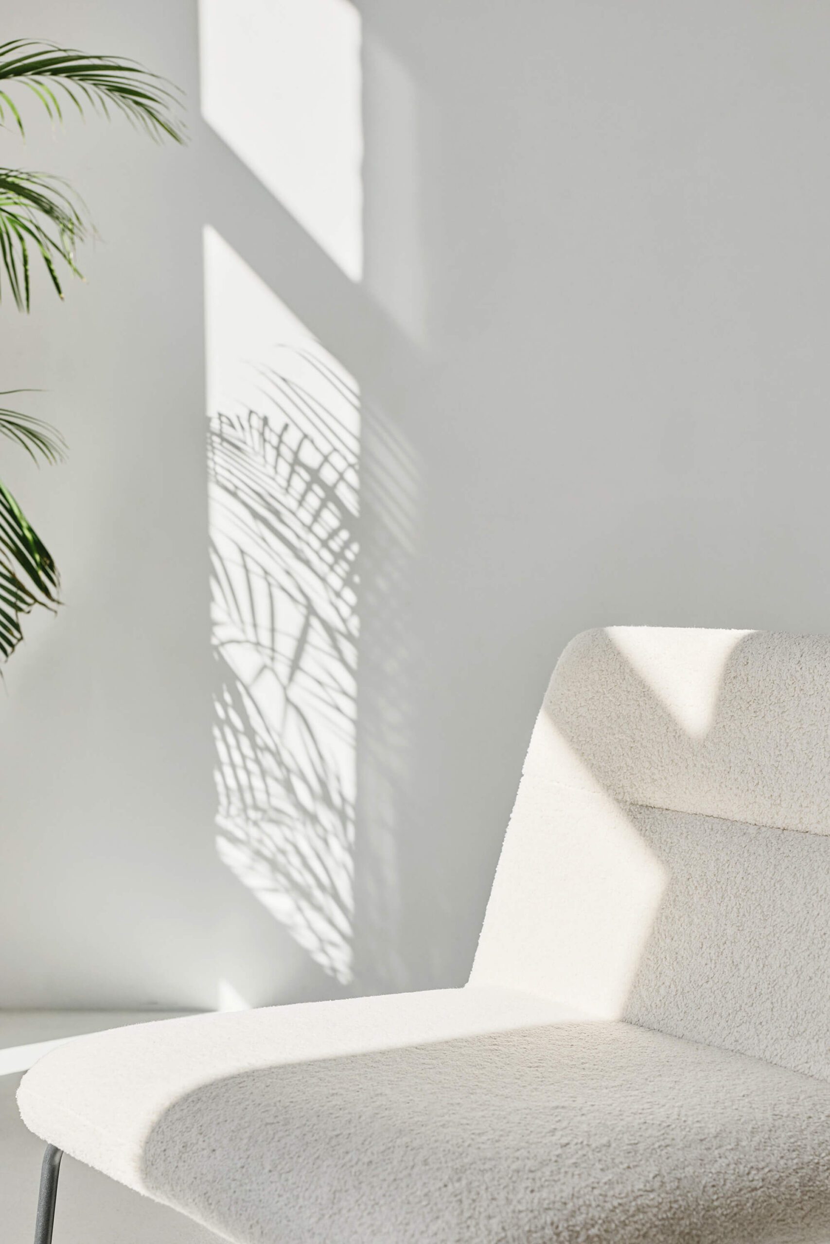 Fuzzy white armless chair in a sunbeam