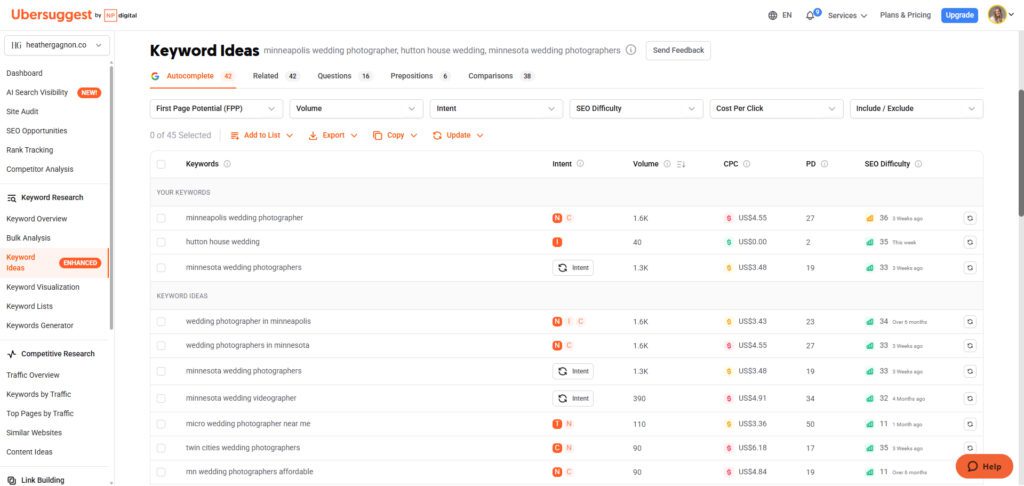 Doing keyword research using Ubersuggest