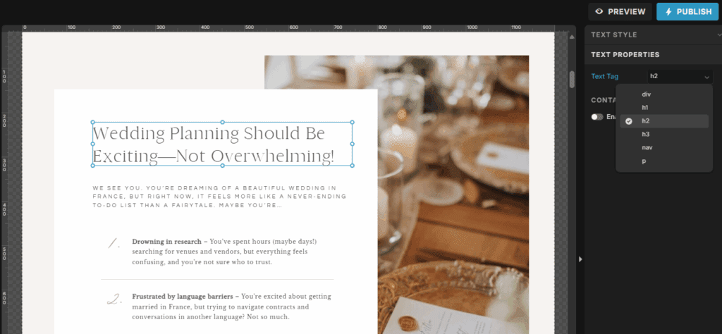 How to text tag headings in Showit