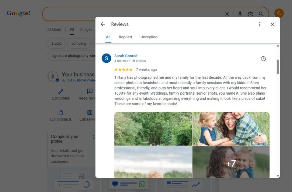 A client review for a wedding photographer on her Google Business Listing.