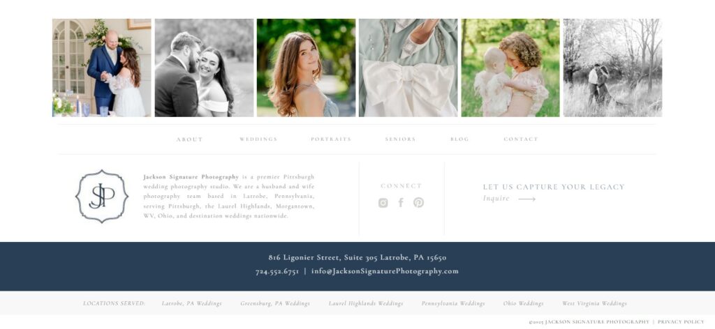 A photographer's website footer including location information for SEO