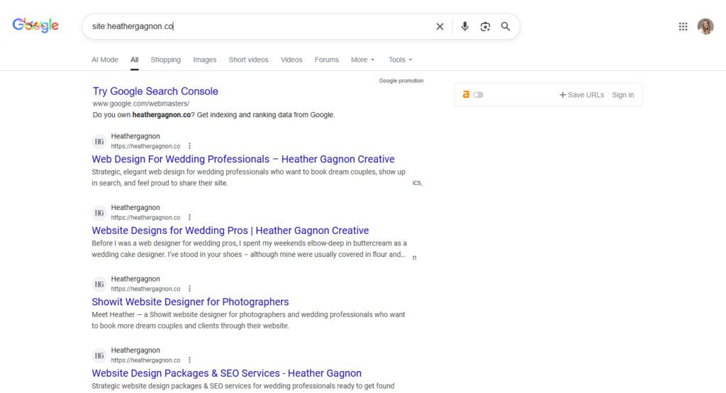 Google search showing site:yourwebsite.com command to check indexing.