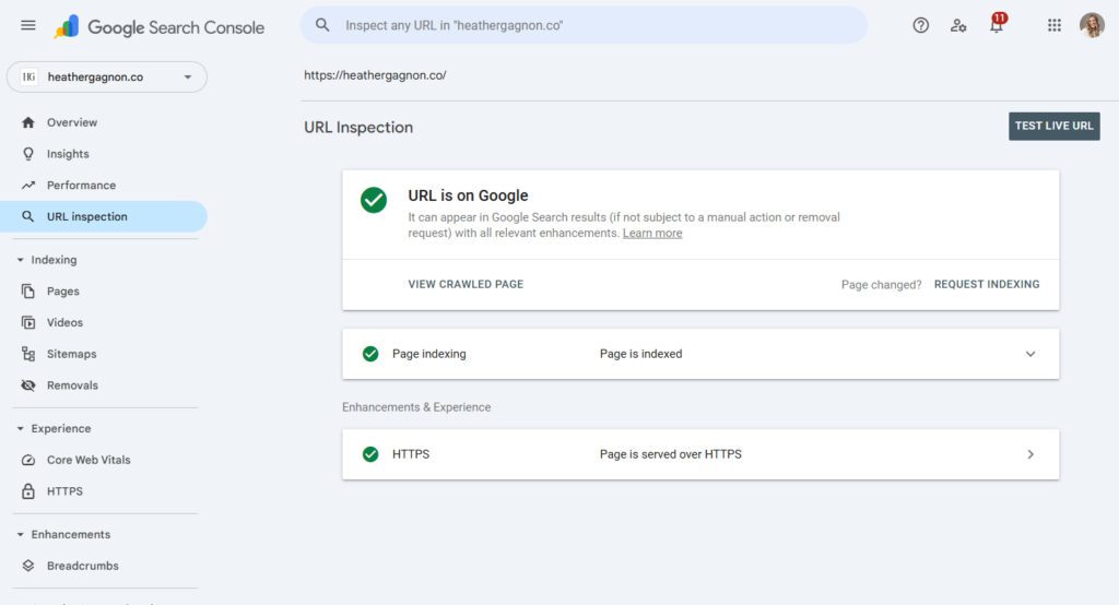 Google Search Console URL Inspection tool showing indexing status.