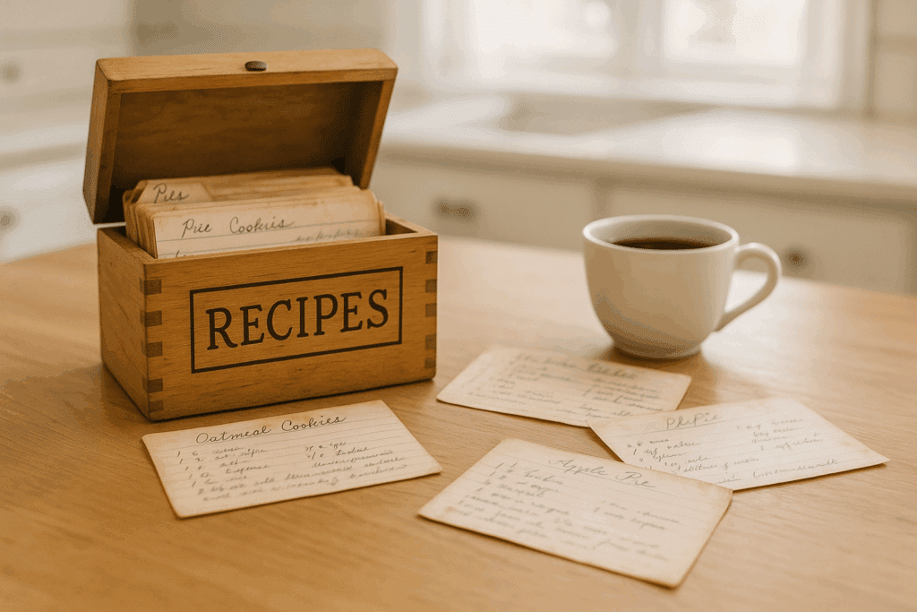 Recipe box and recipe cards on a table, serving as a simple illustration for how Google search works.