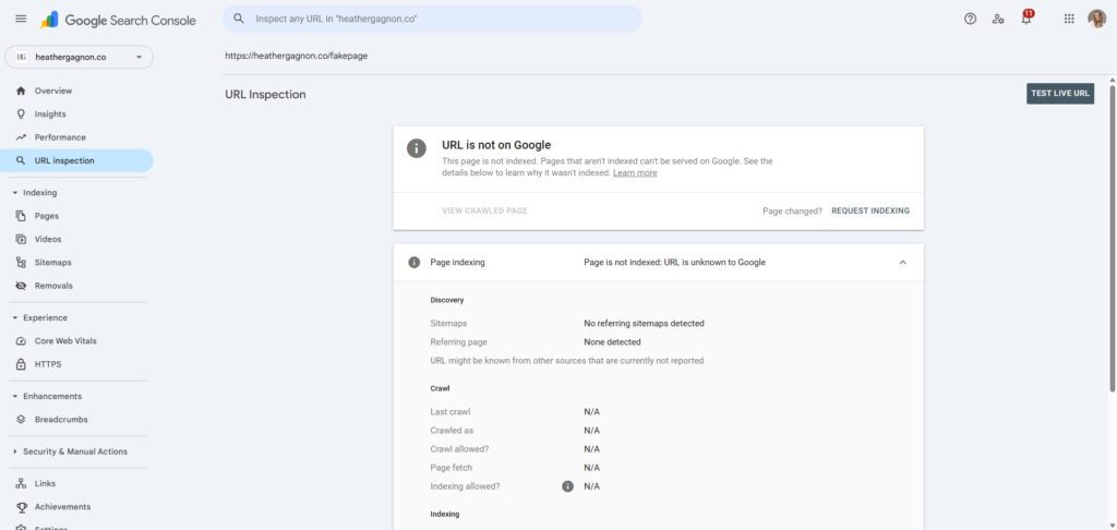 Requesting indexing for a page in Google Search Console.